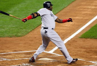 NEW YORK - MAY 04:  David Ortiz #34 of the Boston Red Sox hits a first-inning double against the New York Yankees on May 4, 2009 at Yankee Stadium in the Bronx borough of New York City.  (Photo by Jim McIsaac/Getty Images)