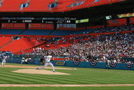 MIAMI - APRIL 06: Starting pitcher Ricky Nolasco #47 of the Florida Marlins throws the first pitch of the game against the Washington Nationals on opening day at Dolphin Stadium on April 6, 2009 in Miami, Florida. (Photo by Doug Benc/Getty Images)