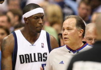 DALLAS - MAY 09:  Forward Josh Howard #5 of the Dallas Mavericks talks with NBA referee Mark Wunderlich after a 106-105 loss against the Denver Nuggets in Game Three of the Western Conference Semifinals during the 2009 NBA Playoffs at American Airlines Center on May 9, 2009 in Dallas, Texas. NOTE TO USER: User expressly acknowledges and agrees that, by downloading and or using this photograph, User is consenting to the terms and conditions of the Getty Images License Agreement.  (Photo by Ronald Martinez/Getty Images)