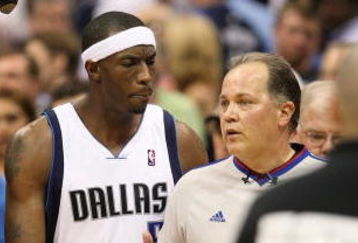 DALLAS - MAY 09:  Forward Josh Howard #5 of the Dallas Mavericks talks with NBA referee Mark Wunderlich after a 106-105 loss against the Denver Nuggets in Game Three of the Western Conference Semifinals during the 2009 NBA Playoffs at American Airlines Center on May 9, 2009 in Dallas, Texas. NOTE TO USER: User expressly acknowledges and agrees that, by downloading and or using this photograph, User is consenting to the terms and conditions of the Getty Images License Agreement.  (Photo by Ronald Martinez/Getty Images)