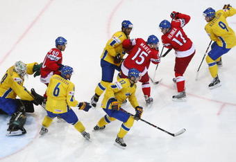 BERN, SWITZERLAND - MAY 07:  (L-R)Jonas Gustavsson, Magnus Johansson, Johnny Oduya, Niklas Persson and Tony Martensson of Sweden outnumber (L-R) Tomas Rolinek, Jan Marek and Jaroslav Hlinka of Czech Republic during the IIHF World Championship Quarter-Final between Sweden and Czech Republic at the PostFinance Arena on May 7, 2009 in Bern, Switzerland.  (Photo by Mike Hewitt/Getty Images)