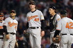 ARLINGTON, TX - APRIL 15:  Pitcher Mark Hendrickson of the Baltimore Orioles leaves the game while wearing jersey #42 to commemorate Jackie Robinson day during play against the Texas Rangers on April 15, 2009 at Rangers Ballpark in Arlington, Texas.  (Photo by Ronald Martinez/Getty Images)