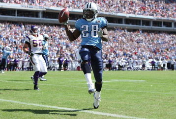 NASHVILLE, TN - SEPTEMBER 28:  Running back Chris Johnson #28 of the Tennessee Titans celebrates as he scores a touchdown against the Minnesota Vikings at LP Field on September 28, 2008 in Nashville, Tennessee.  (Photo by Doug Benc/Getty Images)