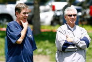 SAN DIEGO - MAY 03: Head coach Norv Turner and general manager A.J. Smith of the San Diego Chargers watch practice during minicamp at the Chargers training facility on May 3, 2009 in San Diego, California. (Photo by Kevin Terrell/Getty Images)