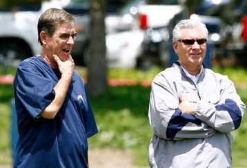 SAN DIEGO - MAY 03: Head coach Norv Turner and general manager A.J. Smith of the San Diego Chargers watch practice during minicamp at the Chargers training facility on May 3, 2009 in San Diego, California. (Photo by Kevin Terrell/Getty Images)