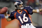 DENVER - NOVEMBER 20:  Quarterback Jake Plummer #16 of the Denver Broncos launches a long pass to Ashley Lelie against the New York Jets at the end of the third quarter on November 20, 2005 at Invesco Field at Mile High in Denver, Colorado.  The Broncos won 27-0. (Photo by Brian Bahr/Getty Images)
