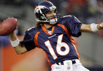 DENVER - NOVEMBER 20:  Quarterback Jake Plummer #16 of the Denver Broncos launches a long pass to Ashley Lelie against the New York Jets at the end of the third quarter on November 20, 2005 at Invesco Field at Mile High in Denver, Colorado.  The Broncos won 27-0. (Photo by Brian Bahr/Getty Images)