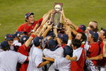 OMAHA, NE - JUNE 25:  The Fresno State Bulldogs celebrate winning The 2008 Men's College World Series Championship against the Georgia Bulldogs on June 25, 2008 at Rosenblatt Stadium in Omaha, Nebraska.  (Photo by Kevin C. Cox/Getty Images)