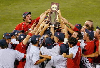 OMAHA, NE - JUNE 25:  The Fresno State Bulldogs celebrate winning The 2008 Men's College World Series Championship against the Georgia Bulldogs on June 25, 2008 at Rosenblatt Stadium in Omaha, Nebraska.  (Photo by Kevin C. Cox/Getty Images)