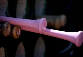 OAKLAND, CA - MAY 10: Pink bats are shown in the dugout for Mothers Day during the Toronto Blue Jays and the Oakland Athletics  Major League Baseball game on May 10, 2009 at the Oakland Coliseum in Oakland, California. (Photo by Jed Jacobsohn/Getty Images)