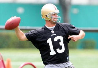 SANTA CLARA, CA - MAY 01:  Quarterback Shaun Hill #13 of the San Francisco 49ers throws the ball during the 49ers Minicamp at their training facilities on May 1, 2009 in Santa Clara, California.  (Photo by Jed Jacobsohn/Getty Images)