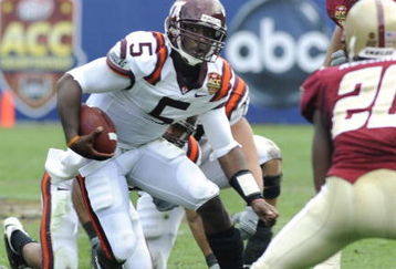 TAMPA, FL - DECEMBER 6: Quarterback Tyron Taylor #5 of the Virginia Tech Hokies rushes upfield against the Boston College Eagles in the 2008 ACC Football Championship game at Raymond James Stadium on December 6, 2008 in Tampa, Florida.  (Photo by Al Messerschmidt/Getty Images)