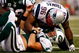 EAST RUTHERFORD, NJ - SEPTEMBER 14:  Quarterback Brett Favre #4 of the New York Jets is sacked by linebacker Adalius Thomas #96 late in the game on September 14, 2008 at Giants Stadium in East Rutherford, New Jersey. New England won 19-10.  (Photo by Jarrett Baker/Getty Images)