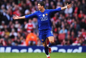 LONDON, ENGLAND - MAY 05:  Cristiano Ronaldo of Manchester United celebrates scoring the second goal of the game during the UEFA Champions League Semi Final Second Leg match between Arsenal and Manchester United at Emirates Stadium on May 5, 2009 in London, England.  (Photo by Shaun Botterill/Getty Images)