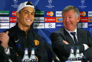 MANCHESTER, ENGLAND - APRIL 06: Cristiano Ronaldo of Manchester United and Sir Alex Ferguson the manager of Manchester United face the media during a press conference held at Old Trafford on April 6, 2009 in Manchester, England. (Photo by Alex Livesey/Getty Images)