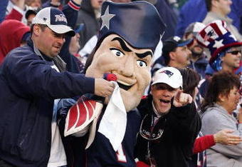 FOXBORO, MA - JANUARY 07:  The mascot of the New England Patriots 'Pat Patriot' celebrates with fans against the New York Jets in the AFC Wild Card Playoff Game at Gillette Stadium on January 7, 2007 in Foxboro, Massachusetts. The Patriots won the game 37-16.  (Photo by Jim McIsaac/Getty Images)
