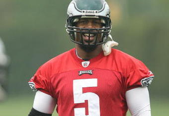 PHILADELPHIA - MAY 1: Quarterback Donovan McNabb #5 of the Philadelphia Eagles looks on during minicamp practice at the NovaCare Complex on May 1, 2009 in Philadelphia, Pennsylvania. (Photo by Hunter Martin/Getty Images)