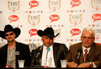 LOUISVILLE, KY - MAY 02:  (L-R) Trainer Bennie Woolley Jr. sits with owners Mark Allen and Leonard Blach during a press conference following their win in the 135th running of the Kentucky Derby on May 2, 2009 at Churchill Downs in Louisville, Kentucky.  (Photo by Jamie Squire/Getty Images)