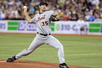 TORONTO - APRIL 6:  Justin Verlander #35 of the Detroit Tigers delivers the pitch during the Opening Day game against the Toronto Blue Jays at the Rogers Centre April 6, 2009 in Toronto, Ontario. (Photo by: Dave Sandford/Getty Images)