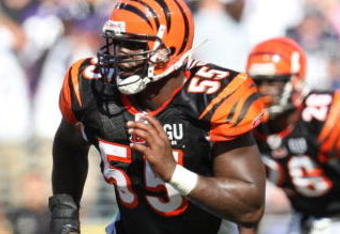 BALTIMORE - SEPTEMBER 7: Linebacker Keith Rivers #55 of the Cincinnati Bengals looks to make a tackle against # of the Baltimore Ravens at M&T Bank Stadium on September 7, 2008 in Baltimore, Maryland. The Ravens won 17-10. (Photo by Ned Dishman/Getty Images)