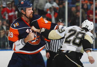 UNIONDALE, NY - NOVEMBER 26:  Mitch Fritz #49 of the New York Islanders fights with Eric Godard #28 of the Pittsburgh Penguins during their NHL game on November 26, 2008 at the Nassau Coliseum in Uniondale, New York.  The Penguins defeated the Islanders 5-3.  (Photo by Bruce Bennett/Getty Images)