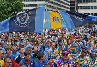 PHILADELPHIA - MAY 11: Fans cheer as the Philadelphia Union soccer team of the MLS release their name, colors and logo at a press conference on May 11, 2009 at City Hall in Philadelphia, Pennsylvania. (Photo by Drew Hallowell/Getty Images for Philadelphia Union)