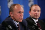 NEW YORK - JULY 22:  Colin Campbell (L), Executive Vice President and Director of Hockey Operations, and Commissioner Gary Bettman of the National Hockey League address the media regarding NHL rules changes and the new CBA agreement at the Sheraton New York Hotel and Towers on July 22, 2005 in New York City.  (Photo by Bruce Bennett/Getty Images for NHLI)
