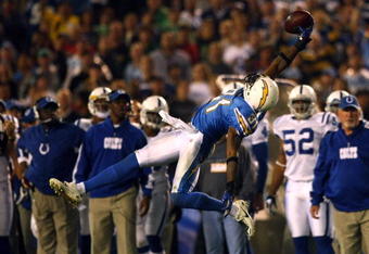 SAN DIEGO - NOVEMBER 11:  Antonio Cromartie #31 of the San Diego Chargers reaches to intercept a pass from Peyton Manning #18 of the Indianapolis Colts during the 1st half of their NFL game on November 11, 2007 at Qualcomm Stadium in San Diego, California. Cromartie had three of four interceptions thrown by Manning in the first half.  (Photo by Donald Miralle/Getty Images)