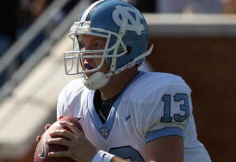 WINSTON SALEM, NC - OCTOBER 27: T.J.Yates #13 of the University of North Carolina Tar Heels during the ACC game at the Groves Stadium, on October 27, 2007 in Winston Salem,North Carolina.  (Photo by David Cannon/Getty Images)