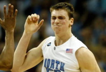 CHARLOTTE, NC - MARCH 15:  Tyler Hansbrough #50 of the North Carolina Tar Heels reacts with teammate Wayne Ellington #22 after Hansbrough made the game-winning shot with .8 seconds left against the Virginia Tech Hokies during the semifinals of the 2008 Men's ACC Basketball Tournament at Bobcats Arena on March 15, 2008 in Charlotte, North Carolina.  (Photo by Kevin C. Cox/Getty Images)
