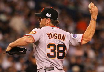 NEW YORK - JULY 15:  National League All-Star Brian Wilson #38 of the San Francisco Giants delivers a pitch during the 79th MLB All-Star Game against the American League All-Stars at Yankee Stadium on July 15, 2008 in the Bronx borough of New York City.  (Photo by Jim McIsaac/Getty Images)
