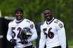 OWINGS MILLS, MARYLAND - MAY 8: Linebackers Ray Lewis #52 and Tavares Gooden #56 of the Baltimore Ravens seen during minicamp at the practice facility on May 8, 2009 in Owings Mills, Maryland. (Photo by Ned Dishman/Getty Images)