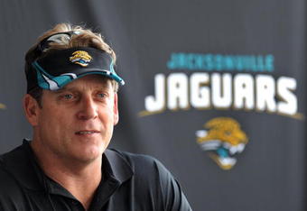 JACKSONVILLE, FL - MAY 1:  Coach Jack Del Rio of the Jacksonville Jaguars talks to the media May 1, 2009 at a team minicamp near Jacksonville Municipal Stadium in Jacksonville, Florida.  (Photo by Al Messerschmidt/Getty Images)