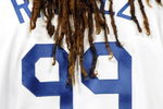 LOS ANGELES, CA - APRIL 16: Hair of Manny Ramirez #99 of the Los Angeles Dodgers against the San Francisco Giants during the second inning at Dodger Stadium on April 16, 2009 in Los Angeles, California. (Photo by Harry How/Getty Images)