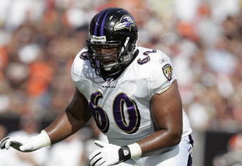 CLEVELAND - SEPTEMBER 30: Jason Brown #60 of the Baltimore Ravens moves on the field during the NFL game against the Cleveland Browns at Cleveland Browns Stadium September 30, 2007 in Cleveland, Ohio.  The Browns defeated the Ravens 27-13.  (Photo by David Maxwell/Getty Images)