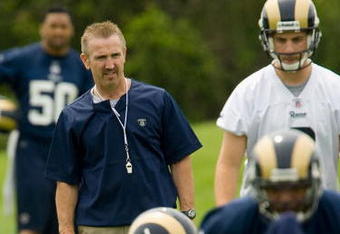 EARTH CITY, MO - MAY 2: Head coach Steve Spagnuolo of the St. Louis Rams watches his team during a mini camp on May 2, 2009 at the Russell Training Center in Earth City, Missouri.  (Dilip Vishwanat/Getty Images)