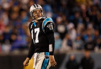 CHARLOTTE, NC - JANUARY 10:  Quarterback Jake Delhomme #17 of the Carolina Panthers looks on during the game against the Arizona Cardinals during the NFC Divisional Playoff Game on January 10, 2009 at Bank of America Stadium in Charlotte, North Carolina.  The Arizona Cardinals defeated the Carolina Panthers with a score of 33-13.(Photo by Streeter Lecka/Getty Images)