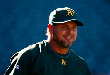 ANAHEIM, CA - APRIL 06:  Jason Giambi #16 of the Oakland Athletics warms up during batting practice prior to the start of the opening day game against the Los Angeles Angels of Anaheim at Angel Stadium on April 6, 2009 in Anaheim, California. The Angels defeated the Athletics 3-0.  (Photo by Jeff Gross/Getty Images)