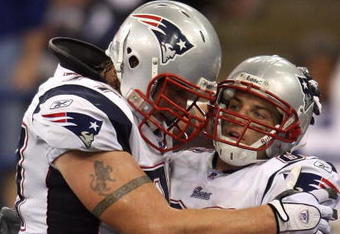 INDIANAPOLIS - NOVEMBER 04:  Wes Welker #83 (R) and Nick Kaczur #77 of the New England Patriots celebrate in the endzone after Welker scored on a 3-yard touchdown reception against the Indianapolis Colts on November 4, 2007 at the RCA Dome in Indianapolis, Indiana. The Patriots won 24-20. (Photo by Andy Lyons/Getty Images)