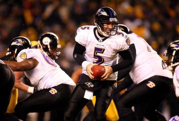 PITTSBURGH - JANUARY 18:  oe Flacco #5 of the Baltimore Ravens turns to hand the ball off against the Pittsburgh Steelers during the AFC Championship game on January 18, 2009 at Heinz Field in Pittsburgh, Pennsylvania. Steelers won 23-14.  (Photo by Al Bello/Getty Images)