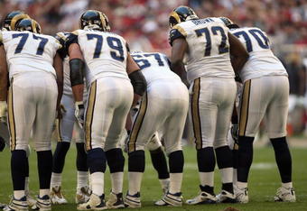 GLENDALE, AZ - DECEMBER 30: (L-R) Brandon Gorin #77 Todd Steussie #79 Andy McCollum #67 Milford Brown #72 Alex Barron #70 of the St. Louis Rams stand ready onfield during the game against the Arizona Cardinals on December 30, 2007 at University of Phoenix Stadium in Glendale, Arizona.   The Cardinals won 48-19.  (Photo by Stephen Dunn/Getty Images)