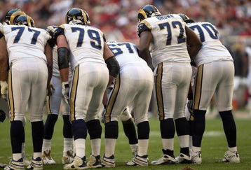 GLENDALE, AZ - DECEMBER 30: (L-R) Brandon Gorin #77 Todd Steussie #79 Andy McCollum #67 Milford Brown #72 Alex Barron #70 of the St. Louis Rams stand ready onfield during the game against the Arizona Cardinals on December 30, 2007 at University of Phoenix Stadium in Glendale, Arizona.   The Cardinals won 48-19.  (Photo by Stephen Dunn/Getty Images)
