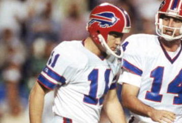 TAMPA, FL - JANUARY 27:  Kicker Scott Norwood #11 and  quarterback Frank Reich #14 of the Buffalo Bills walk n the field during Super Bowl XXV against the New York Giants at Tampa Stadium on January 27, 1991 in Tampa, Florida.  The Giants won 20-19.  (Photo by George Rose/Getty Images)