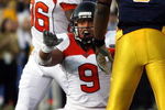 BERKELEY, CA - OCTOBER 13:  Brandon Hughes #36 and Al Afalava #9 of the Oregon State Beavers celebrate a goal line stand that stopped the California Golden Bears from scoring in the third quarter of a college football game, at Memorial Stadium on October 13, 2007 in Berkeley, California.  (Photo by Dino Vournas/Getty Images)
