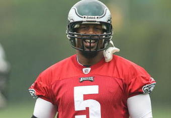 PHILADELPHIA - MAY 1: Quarterback Donovan McNabb #5 of the Philadelphia Eagles looks on during minicamp practice at the NovaCare Complex on May 1, 2009 in Philadelphia, Pennsylvania. (Photo by Hunter Martin/Getty Images)