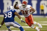 INDIANAPOLIS - NOVEMBER 18:  Priest Holmes #31 of the Kansas City Chiefs rushes against Gary Brackett #58 of the Indianapolis Colts on November 18, 2007 at the RCA Dome in Indianapolis, Indiana. The Colts defeated the Chiefs 13-10.  (Photo by Dilip Vishwanat/Getty Images)
