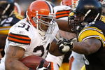 PITTSBURGH - DECEMBER 28:  Jamal Lewis #31 of the Cleveland Browns tries to get around the tackle of Orpheus Roye #96 of the Pittsburgh Steelers during a fourth quarter run at Heinz Field December 28, 2008 in Pittsburgh, Pennsylvania. Pittsburgh won the game 31-0. (Photo by Gregory Shamus/Getty Images)