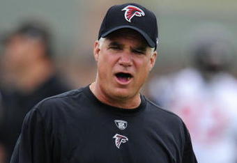 FLOWERY BRANCH, GA - MAY 9: Head coach Mike Smith of the Atlanta Falcons yells during minicamp at the Falcons Complex on May 9, 2009 in Flowery Branch, Georgia. (Paul Abell/Getty Images)