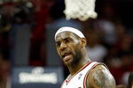 CLEVELAND - APRIL 21:  LeBron James #23 of the Cleveland Cavaliers reacts in Game Two of the Eastern Conference Quarterfinals against the Detroit Pistons during the 2009 NBA Playoffs at Quicken Loans Arena on April 21, 2009 in Cleveland, Ohio.  The Cavaliers won 94-82.  NOTE TO USER: User expressly acknowledges and agrees that, by downloading and or using this photograph, User is consenting to the terms and conditions of the Getty Images License Agreement.  (Photo by Gregory Shamus/Getty Images)