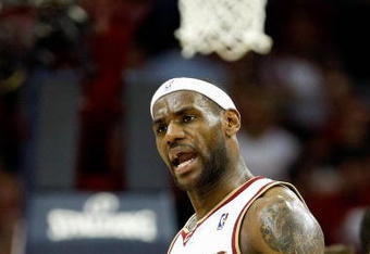 CLEVELAND - APRIL 21:  LeBron James #23 of the Cleveland Cavaliers reacts in Game Two of the Eastern Conference Quarterfinals against the Detroit Pistons during the 2009 NBA Playoffs at Quicken Loans Arena on April 21, 2009 in Cleveland, Ohio.  The Cavaliers won 94-82.  NOTE TO USER: User expressly acknowledges and agrees that, by downloading and or using this photograph, User is consenting to the terms and conditions of the Getty Images License Agreement.  (Photo by Gregory Shamus/Getty Images)